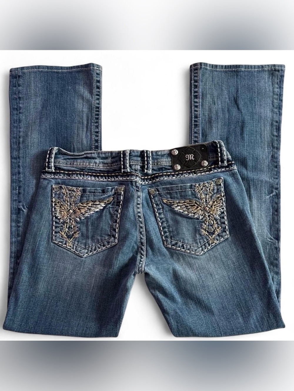 Y2K Miss Me Flared Jeans with Embroidered Wing Back Pockets